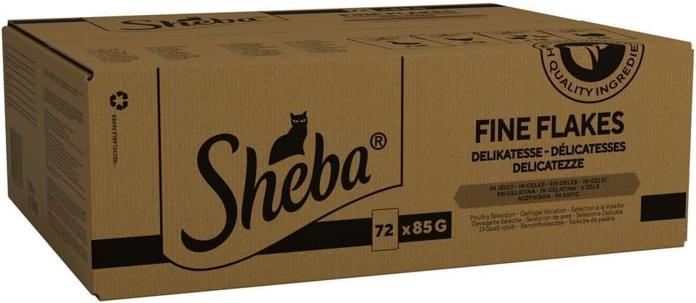 Sheba Fine Flakes in Jelly – Poultry Collection – Wet cat food pouches for adult cats – 72x85g pack