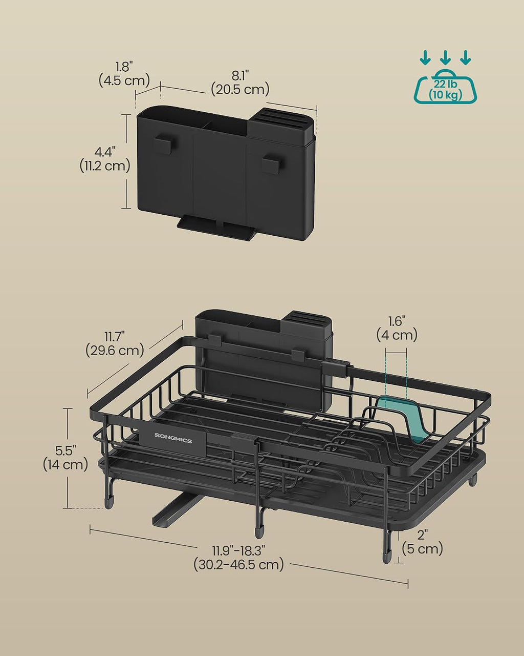 SONGMICS Dish Drainer Rack, Small Extendable Draining Board, Steel