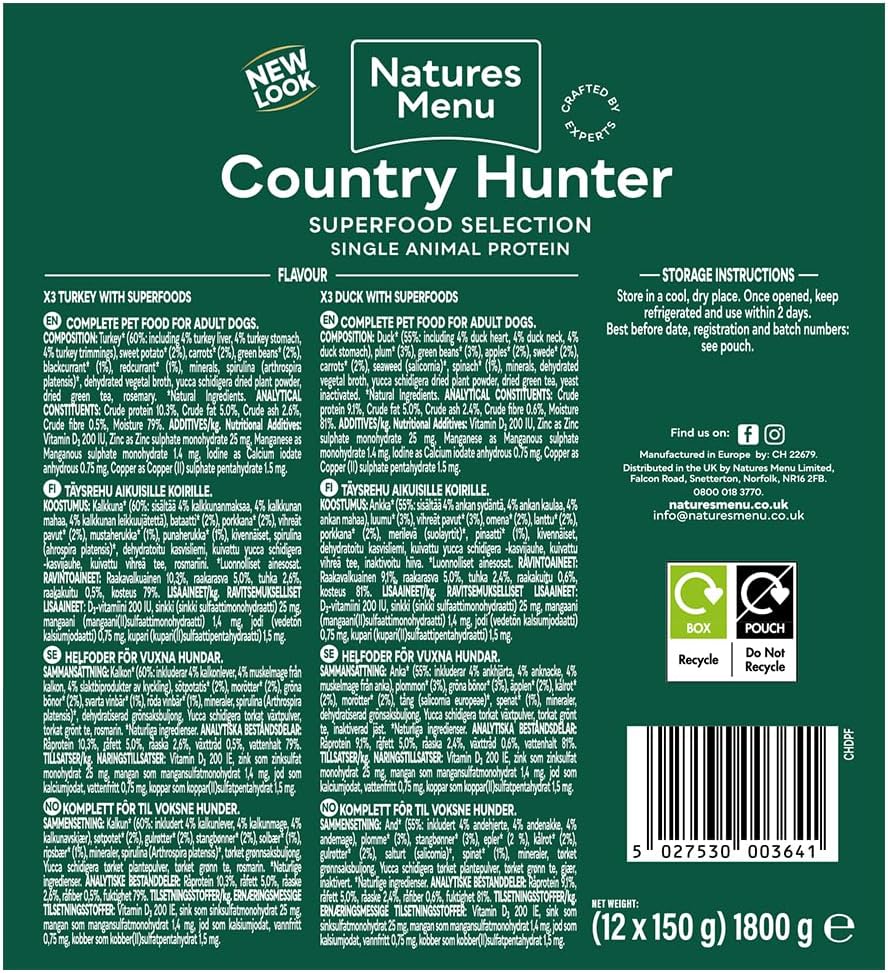 Natures Menu Country Hunter Wet food for Dogs - Multipack Superfood Selection Pouches - 12 x 150g