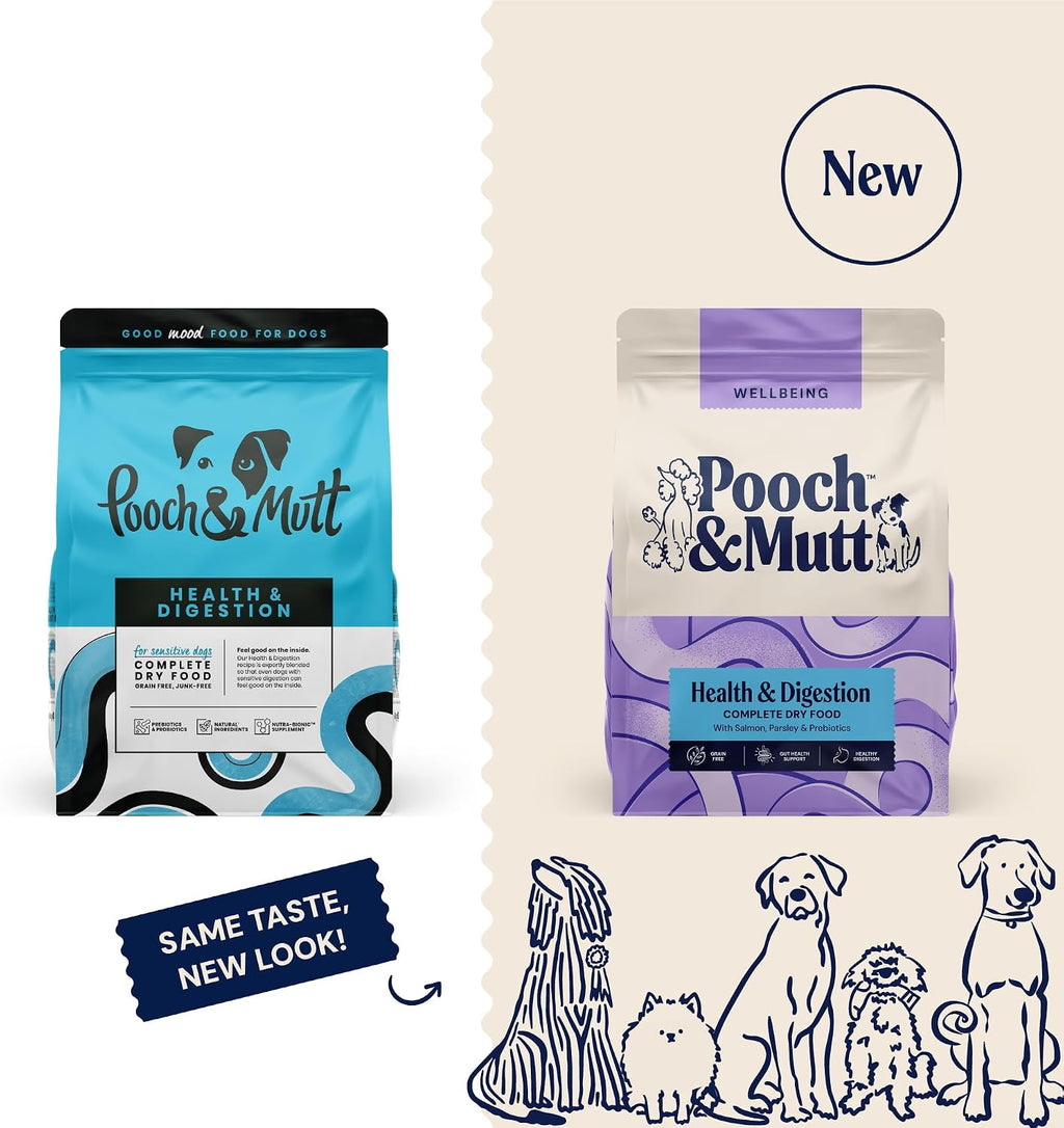 Pooch & Mutt - Health & Digestion Complete Dry Dog Food Grain Free (Regular Sized Kibble), for Senstive Stomachs and Digestion Health, Salmon and Sweet Potato, 10kg (packaging may vary)