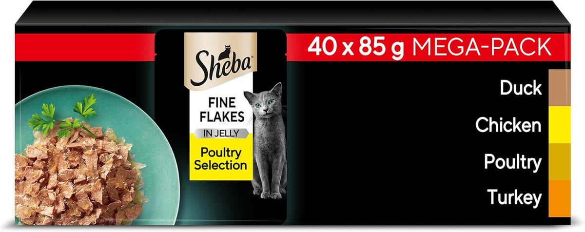 Sheba Fine Flakes in Jelly – Poultry Collection – Wet cat food pouches for adult cats – 40x85g pack