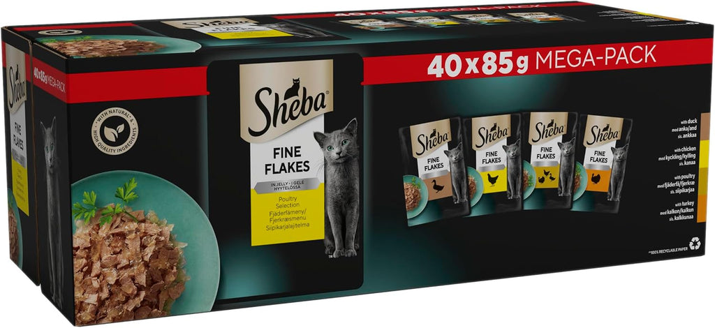 Sheba Fine Flakes in Jelly – Poultry Collection – Wet cat food pouches for adult cats – 40x85g pack