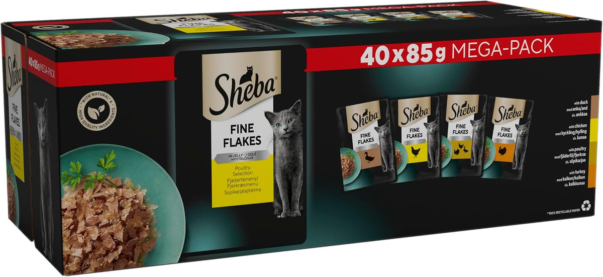 Sheba Fine Flakes in Jelly – Poultry Collection – Wet cat food pouches for adult cats – 40x85g pack