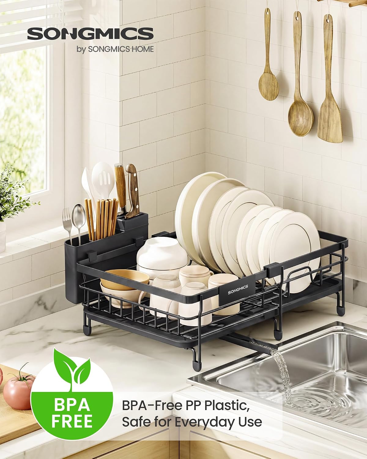 SONGMICS Dish Drainer Rack, Small Extendable Draining Board, Steel