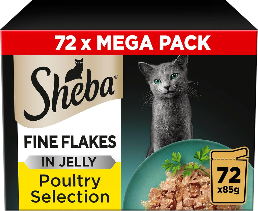 Sheba Fine Flakes in Jelly – Poultry Collection – Wet cat food pouches for adult cats – 72x85g pack